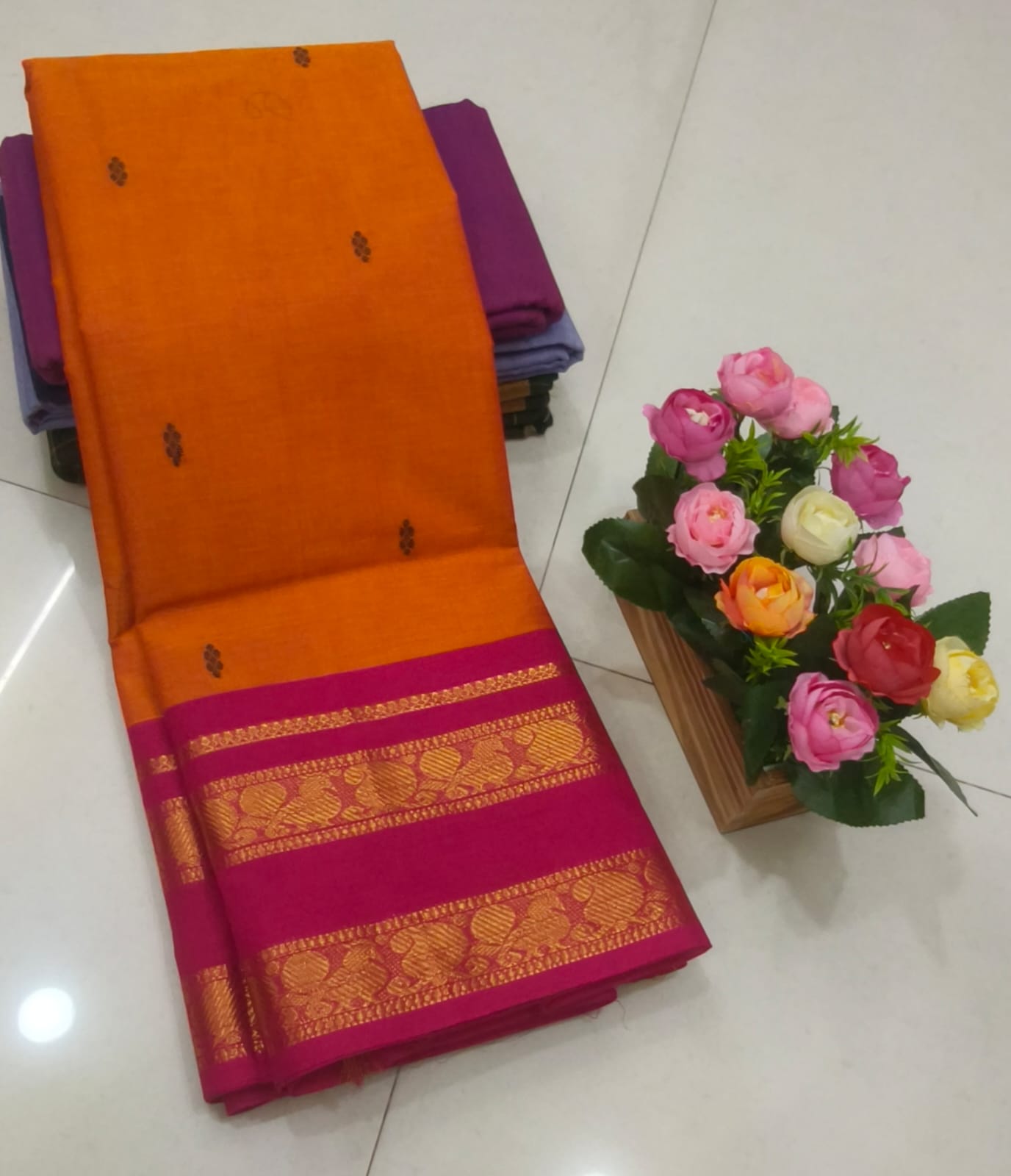 Orange Magenta Kanchi Cotton Saree with Handmade Butta Work